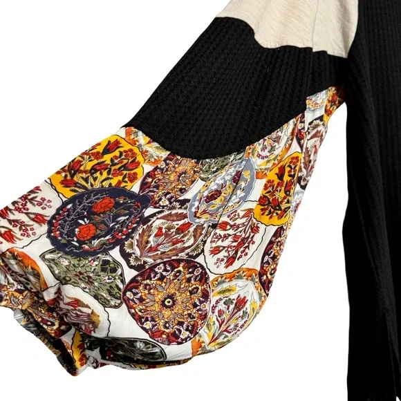 Umgee Oversized Waffle Knit Ballon Sleeve Mixed Media Bohemian Blouse Top - Picture 5 of 10